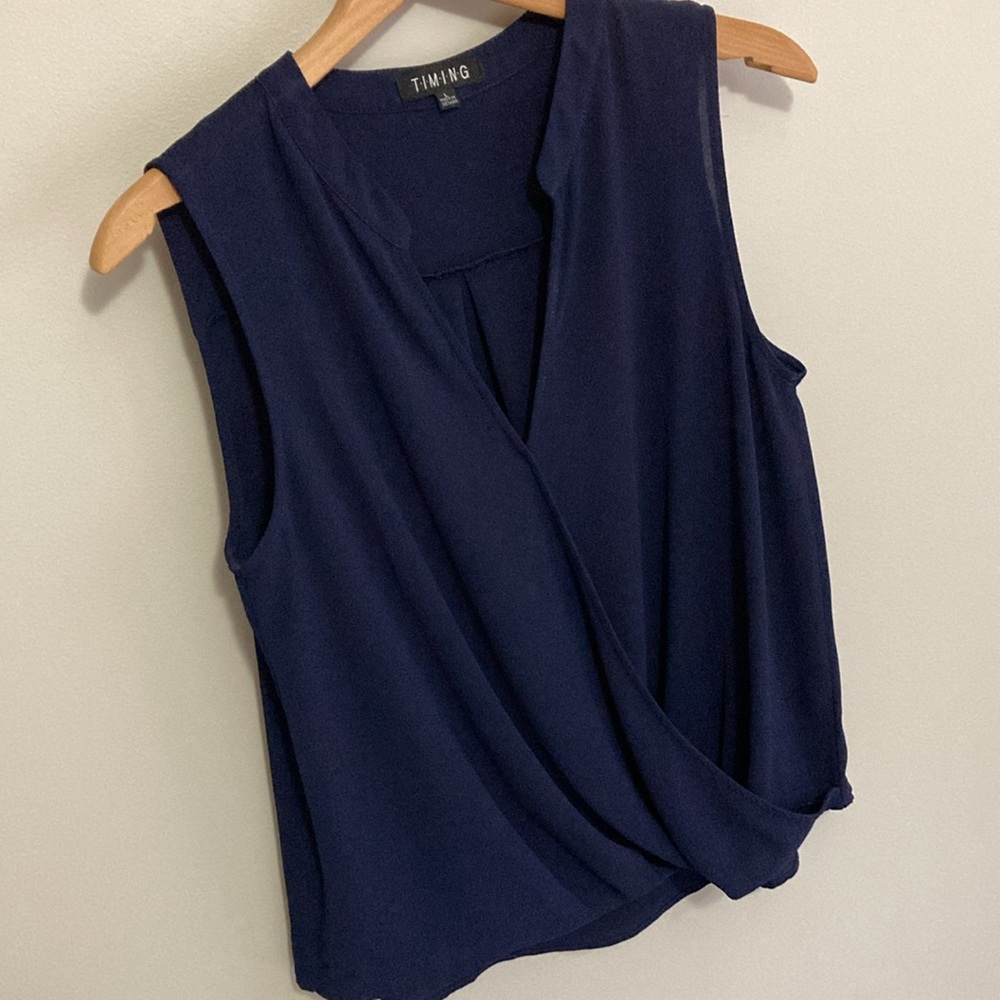 Timing Women's Navy Sleeveless Drape Front Blouse, Size Large